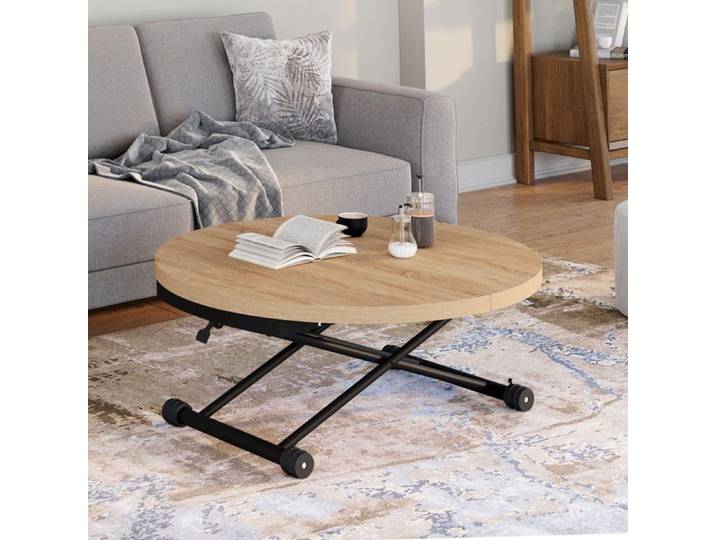 Table basse extensible relevable en table à manger ronde ALTURA 100-150 cm bois et noir design industriel