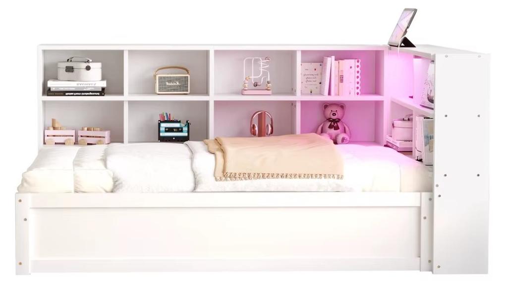 Schlafsofa-Bettgestell - Multifunktionales Bettgestell - Massivholz - Stauraum - LED-Lichtleiste - Mehrere Steckdosen - 90 x 200 cm - Weiß