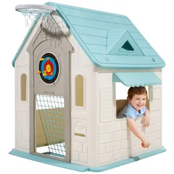 VEVOR Outdoor Spielhaus Outdoor 5 in 1 Gartenhaus (Rollenspielplatz/Basketball/Darts/Fußball/ Ringwurfspiel) Kinderspielhaus mit praktischer Tür & Rutschen-Set & Fenster für Kleinkinder ab 2 Jahren