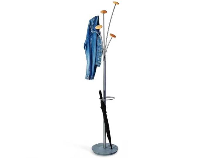 ALBA - PMFESTW M - Porte manteau design - Gris métal - Bois Clair - Capacité 6 parapluies et socle de récupération d'eau