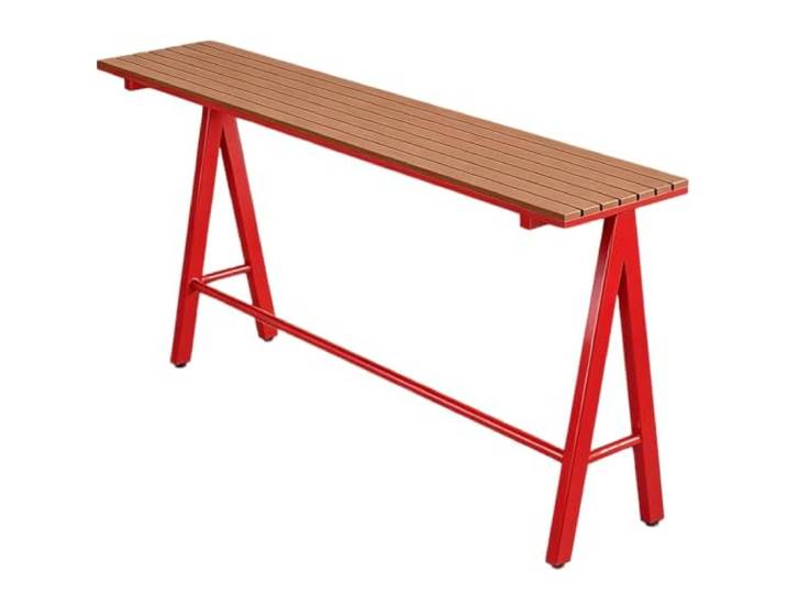 Langer schmaler hoher Kneipentisch,moderner Stehtisch for den Außenbereich Tischplatte aus Kunststoffholz,reservierte Lücken,Metallrahmen,verstärkte Querstangen,Restaurant(Red,140cm)