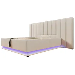 Polsterbett 160x200 cm mit Stauraum, LED-Beleuchtung und USB-C Anschluss – modernes Design in Beige mit Schnellladefunktion