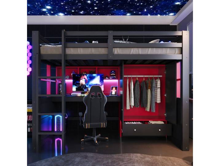 Lit mezzanine avec bureau intégré rangements et LED 90x200 cm pour enfant et ado