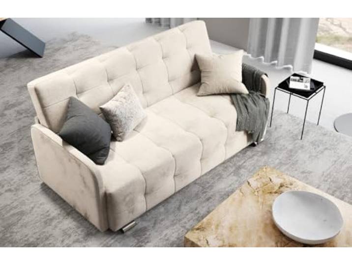 PRIMA, Schlafsofa mit Bettkasten für Wohnzimmer 201 cm Breite, Hellbeige Schlafcouch PRIMA, Wasserabweisender Stoffbezug