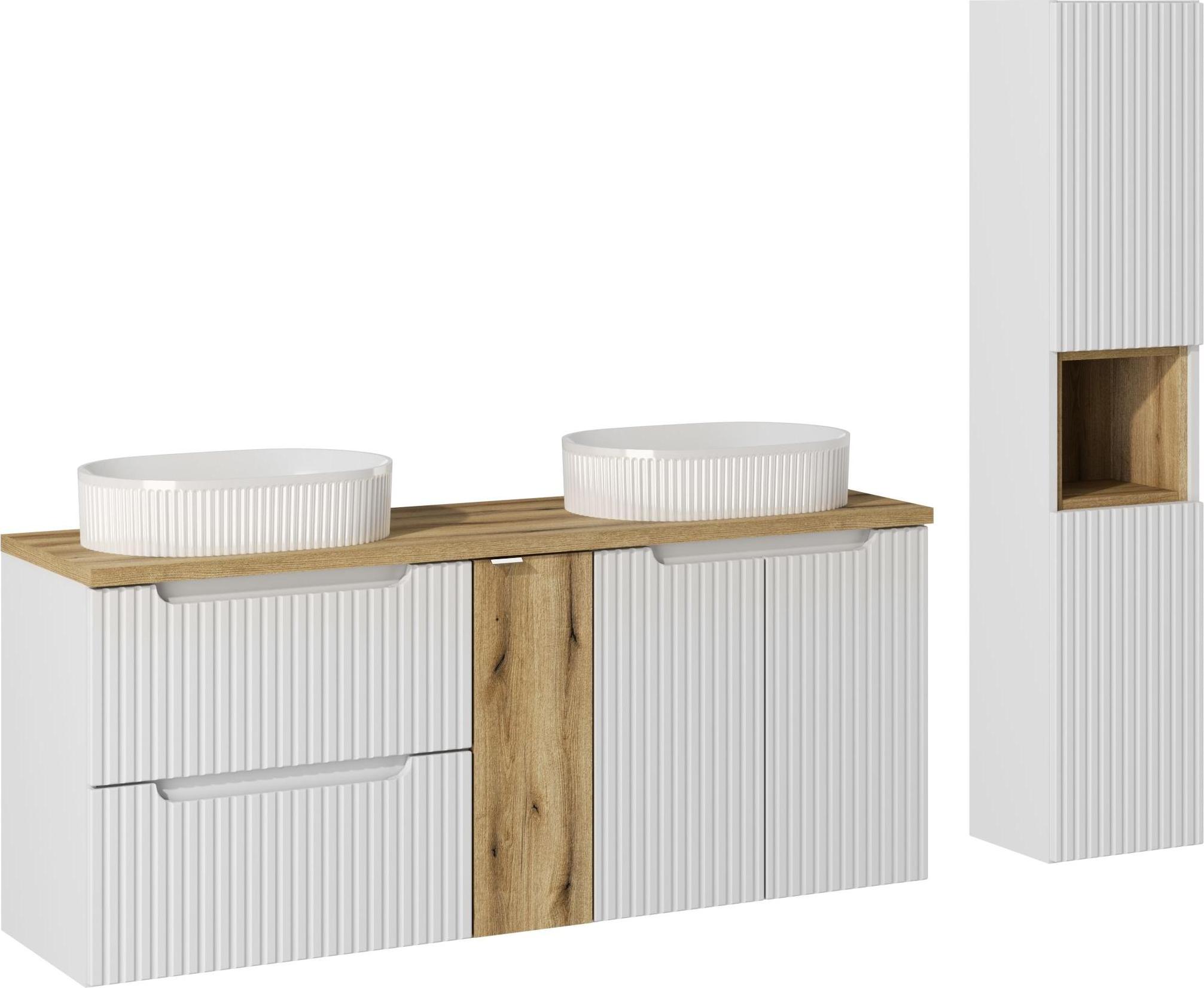 Badmöbel-Set 140 Cm Weiß Geriffelt Eiche 2 Waschbecken Hochschrank