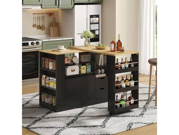 Merax Küchenwagen mit Rollen und Ausziehbarer Arbeitsplatte, Kücheninsel mit 2 Schubladen und Dreiseitigen Regalen in Holzoptik für Küche, Esszimmer und Wohnzimmer, 50x115x92cm, Schwarz