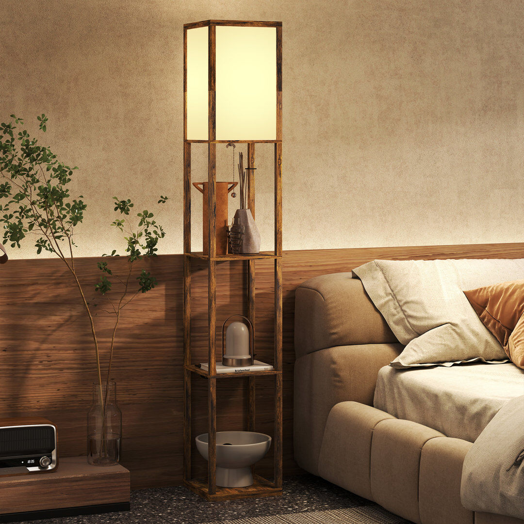 Ebern Designs Retweet Floor Lamp Reading Lamp with 3-Tier Storage Shelf for Home Office Rustic Brown 160cm H X 26cm W X 26cm D