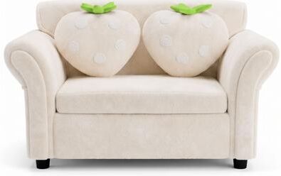 Costway Kids Strawberry Armrest Chair Sofa with 2 Cute Strawberry Pillows-Beige