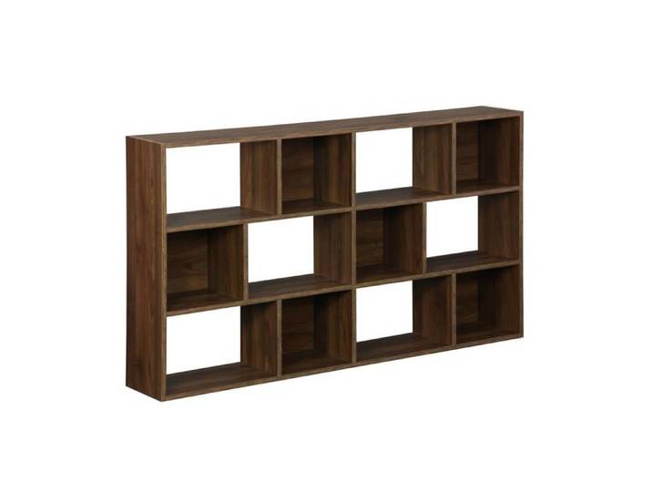 Bibliothèque design asymétrique noyer. Pieter. 3 étagères. 12 compartiments de rangement