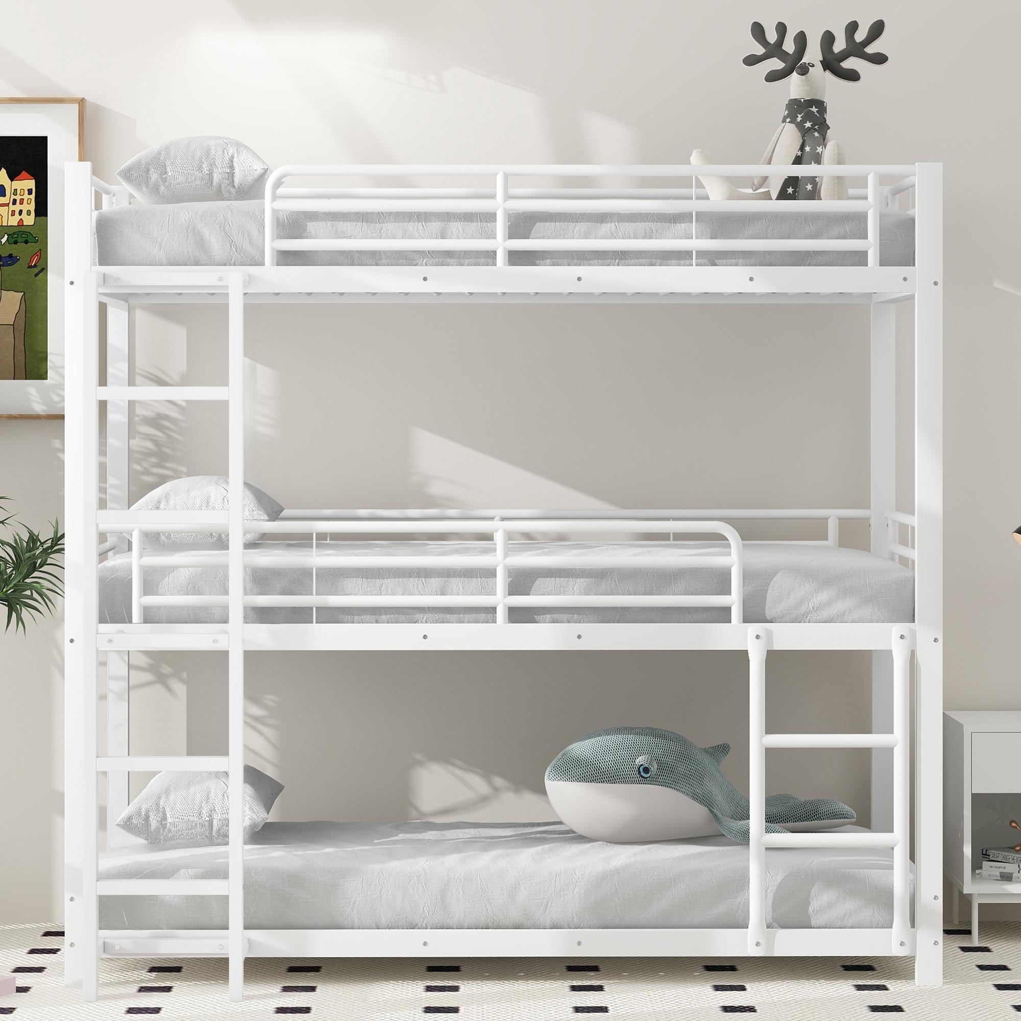okwish Etagenbett Metallbett 90x200cm mit Lattenrost, Hochbett mit Rausfallschutz, Stockbett Kinderbett Jugendbett für 3 Kinder, Weiß