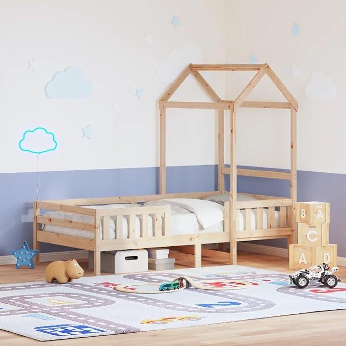 Massivholzbett mit Dach 100x200 cm Kiefer modern, Kinderbett mit Stauraum, robustem Bettrahmen, geeignet für Schlafzimmer, Jugendzimmer, Gästezimmer, inklusive Dach und Lattenrost