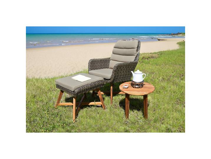 Gardenson Loungesessel, Braun, Akazie, Beige, Holz, Metall, Kunststoff, Akazie, Hartholz, X-Form, 65x95x85 cm, wetterbeständig, Abstellfläche, integrierter Tisch, geeignet für Balkon, Loungemöbel, Loungesessel