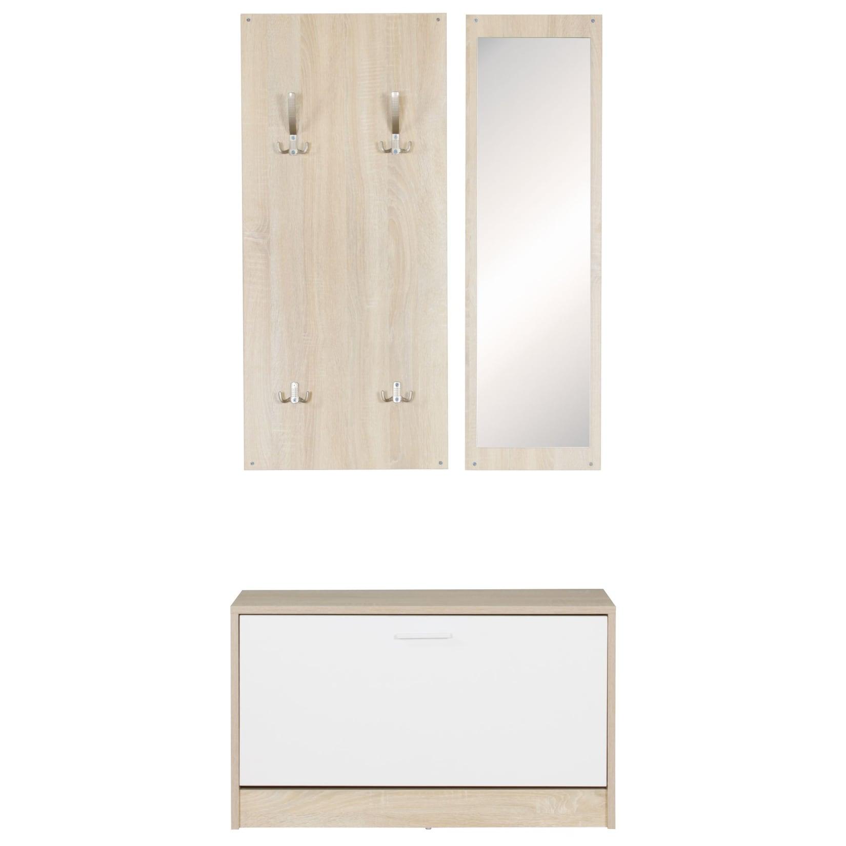 KADIMA DESIGN Wandgarderobe DELFT mit Spiegel: Weiß, Platz für 8 Paar Schuhe, 10 Metallhaken, Melaminharzbeschichtung