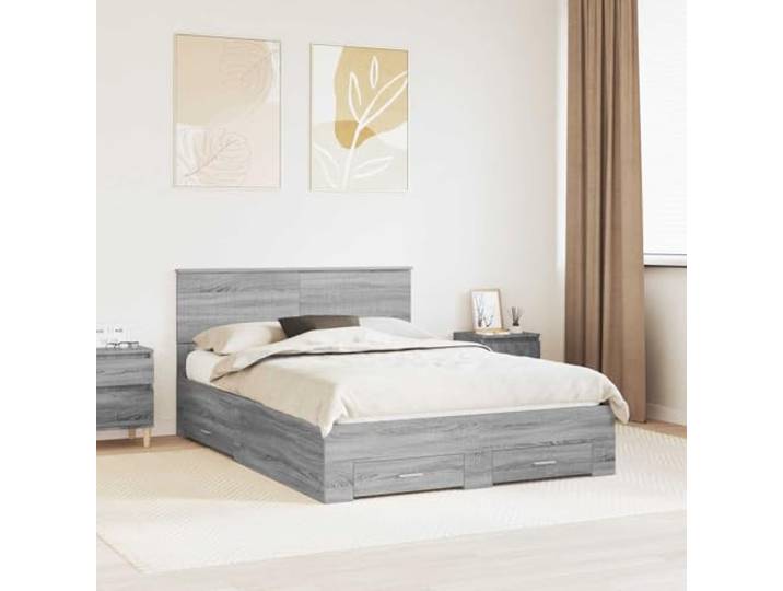 Mit Stauraum Modernes Design Holzkonstruktion Grau 140x200 cm Bettrahmen Graues Sonoma 140x200 cm Holzwerkstoff Bettgestell mit Schubladen Stauraum und Kopfteil Stabiles Einzelbett