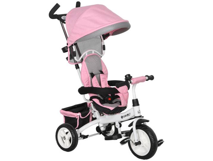 Homcom 6-In-1 Dreirad mit Schubstange, Kinderdreirad mit abnehmbarem Sonnendach Rosa, Metall, 50x106x95 cm, unisex, Spielzeug, Kinderfahrzeuge