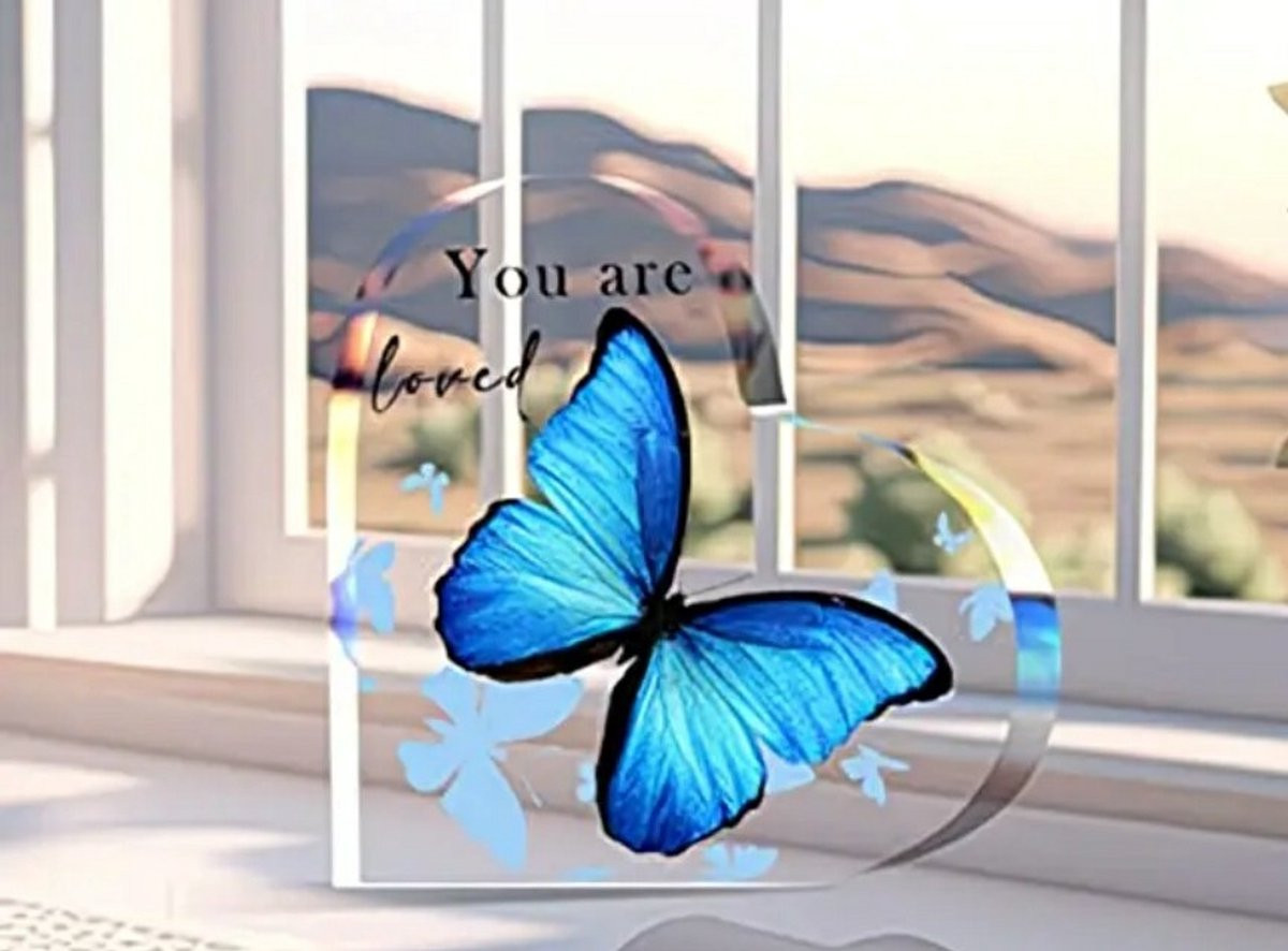 Decoratie geschenk You are loved - Hart met blauwe vlinder