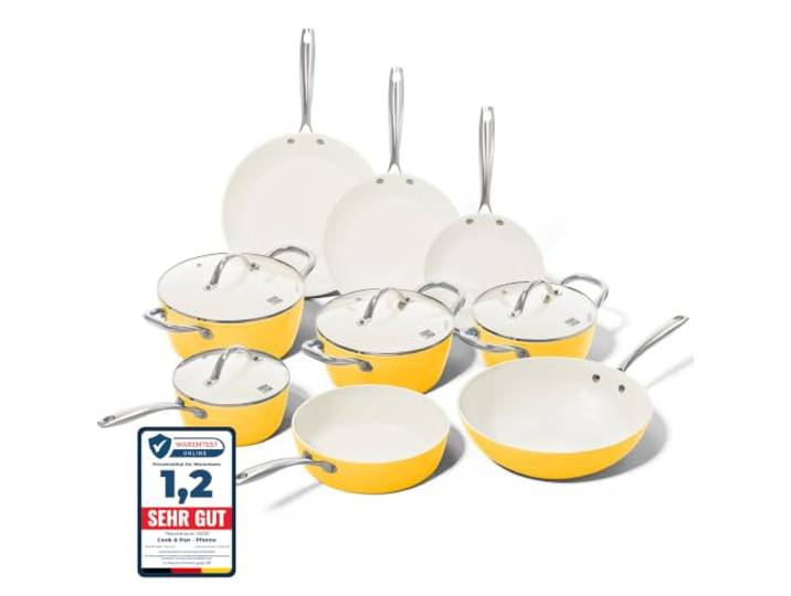 Cook&Pan Pfannenset und Topfset Induktion - PFAS & Teflon frei - 9 teilig Kochset mit [Greenshield] Antihaftbeschichtung - Keramik-Töpfe und Pfannen [Ofen- & Spühlmaschinenfest] - Gelb
