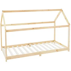 ML-Design Kinderbett 90x200 cm Natur mit Dach & Lattenrost, Hausbett aus massivem Kiefernholz, Kinderhaus Bodenbett Spielbett Jugendbett Bettenhaus