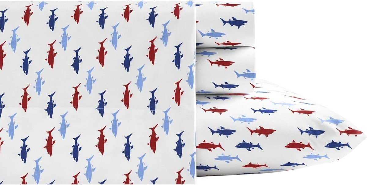 Katoenen Percal Beddengoed Set - Ademende Lakenset met 200 Draad Telling - Full Maat - Blauw/Rood