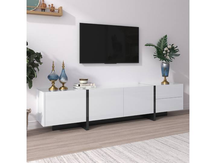 Meuble TV PINGGO avec pieds bicolores, portes et tiroirs blancs et noirs brillants, étagères, design épuré, armoire moderne