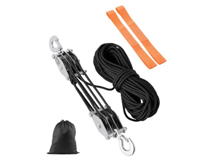 VEVOR Palan à Poulie à Corde 30\,48 m\, Résistance à la Rupture 2 T\, Système de Poulie avec 2 Boucles Souples\, Rapport de Levage 5:1\, Structure de Roulement à Roues en Métal\, pour Soulever Objets Lourds