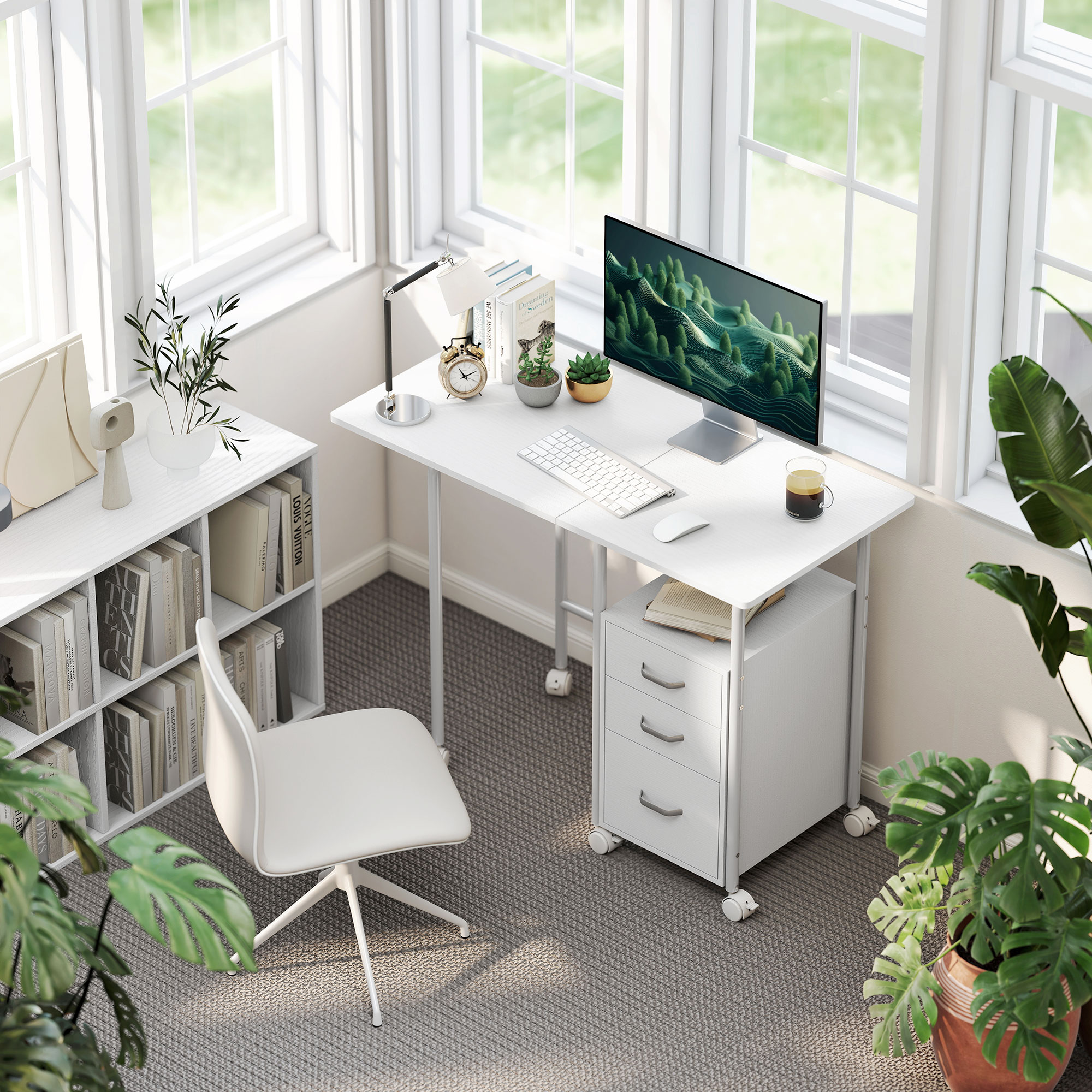 Homcom Scrivania per computer pieghevole su ruote, scrivania con ripiani, 3 cassetti, piano estensibile, 105x51x75,5cm, bianco   Aosom Italy