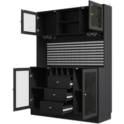 MODFU Hochschrank MDF und Glas Schwarz 140x40x185,7 cm mit LED-Beleuchtung, App-Steuerung, Weinregal