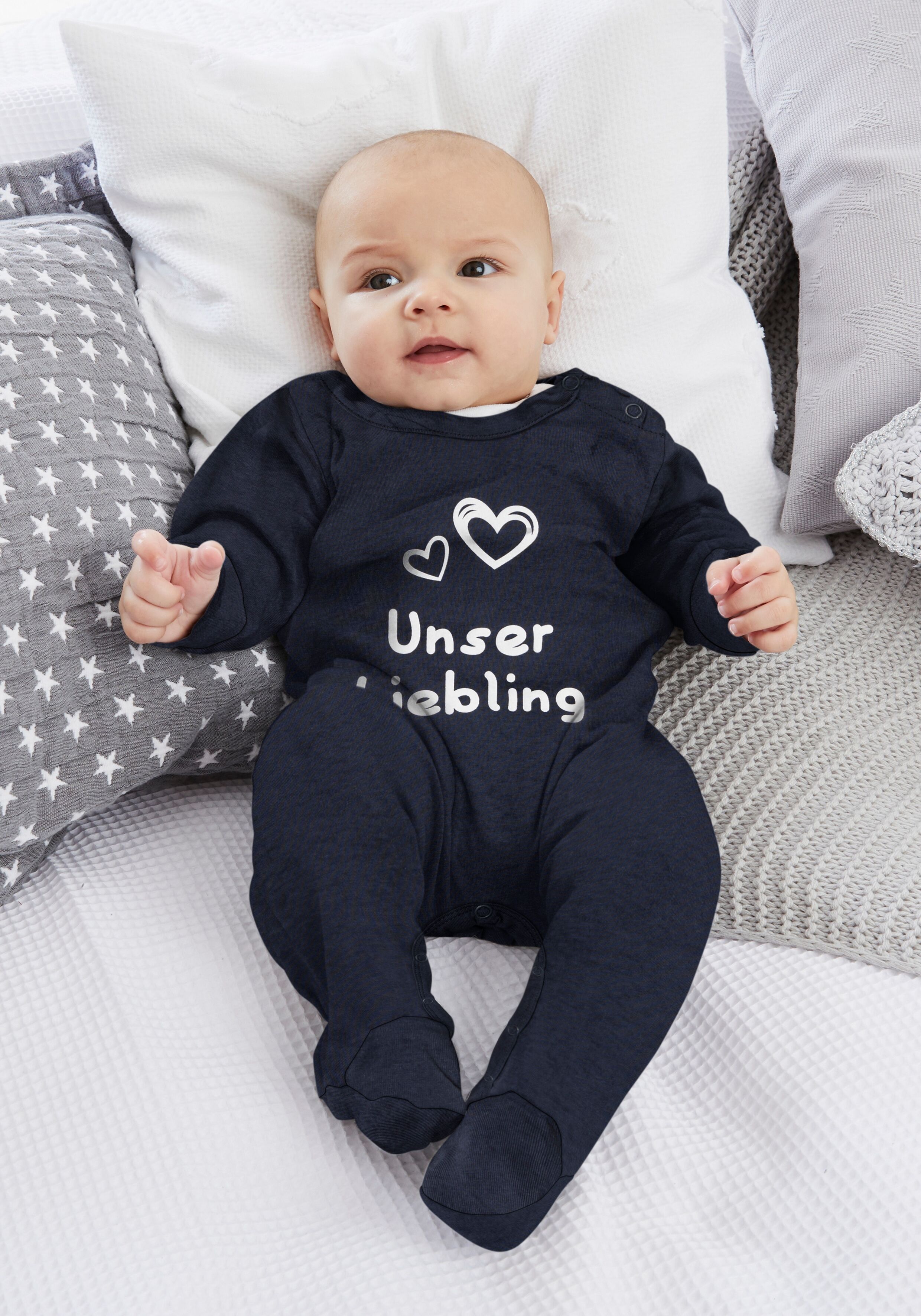 Schlafoverall KIDSWORLD "Baby-Schlafanzug, Unser Liebling", Baby, Gr. 74/80, N-Gr, blau (marine), Jersey, Obermaterial: 100% Baumwolle, bedruckt, Basic, Basic, Rundhals, Overalls Schlafoverall, aus Bio-Baumwolle, Topseller