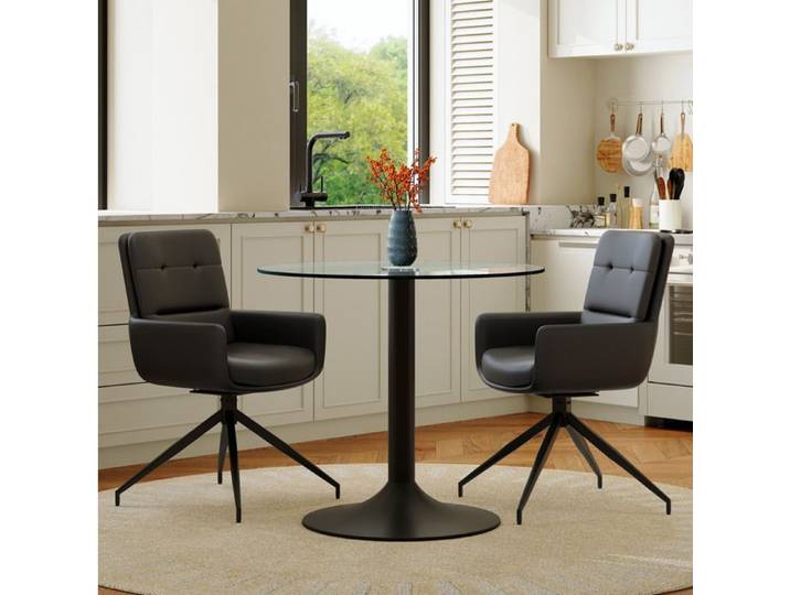 WOVREO Ensemble table à manger ronde 85 cm en verre trempé avec 2 fauteuils pivotants PU noir