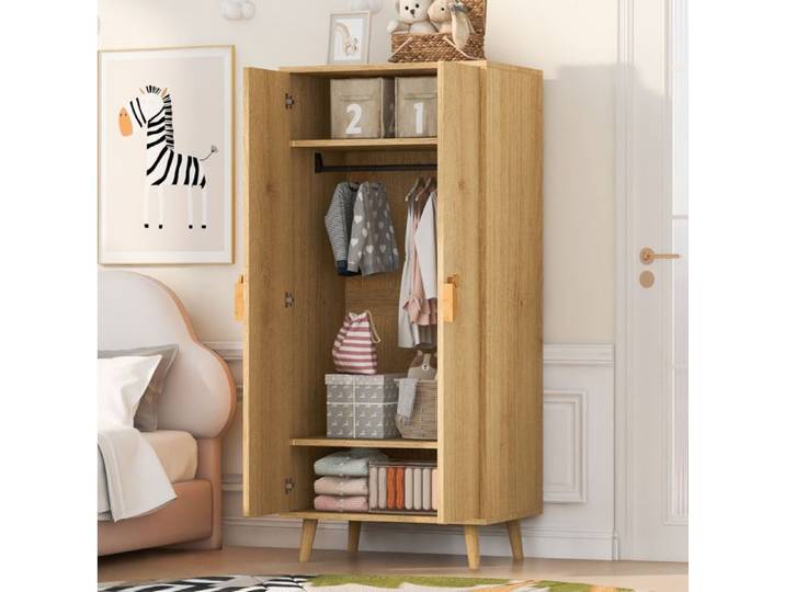 Armoire IVMEU double porte 2 tiroirs penderie 140 x 55 x 170 cm bois naturel MDF