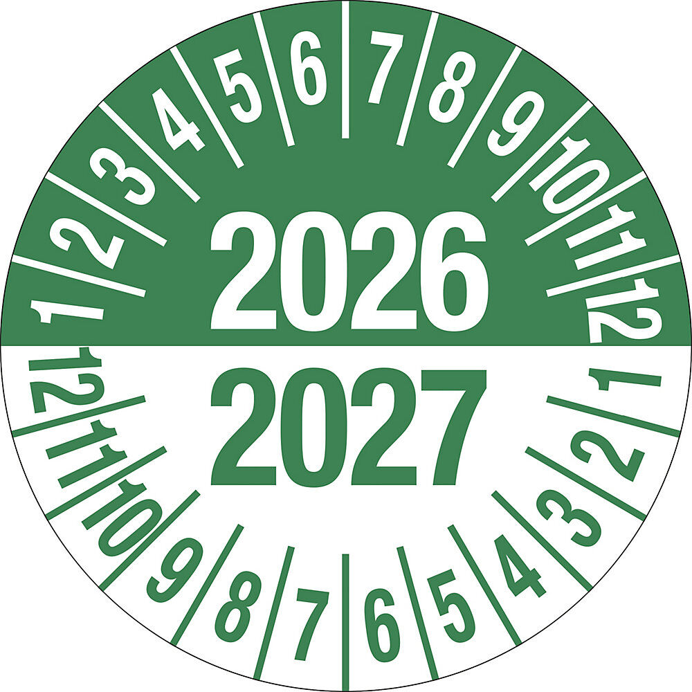 kaiserkraft Prüfplakette, Mehrjahreszahlen, grün, Dokumentenfolie, Ø 35 mm, VE 10 Stk, 2026/2027