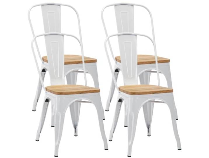 Duhome 4er Set Esszimmerstuhl aus Metall mit Rückenlehne, Weiß+Naturholz Bistrostuhl aus Eisen Esszimmerstuhl, Stapelbare Küchenstühle