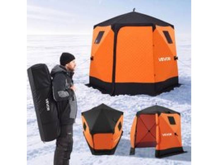 VEVOR Eisangelzelt Eisfischerzelt für 4-6 Personen 2,43x2,43x2,15m Isoliert, fürs Winterangeln, 3,74 m² Fläche, 600D 4-Lagiges Gewebe, Tragbares Eisschutzzelt im Hub-Stil mit Ankern, Seilen, Tragetasche