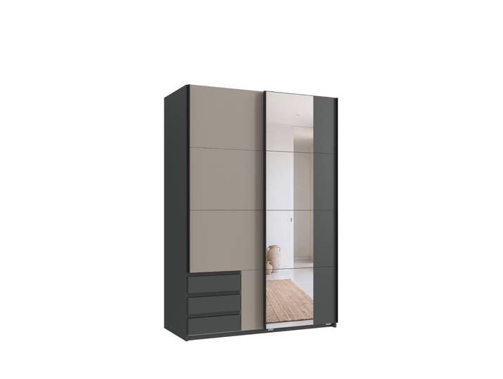 Schwebetürenschrank 2trg Kleiderschrank 135 cm Grafit Schubladen Spiegel Sandgrau / 22680
