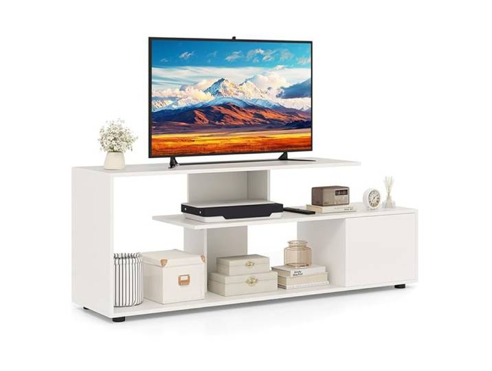 GIANTEX Meuble TV 152 cm- 3 Étagères- Armoire avec Porte- pour Téléviseurs Jusqu'à 55 Pouces- Style Moderne- Salon Chambre- Blanc