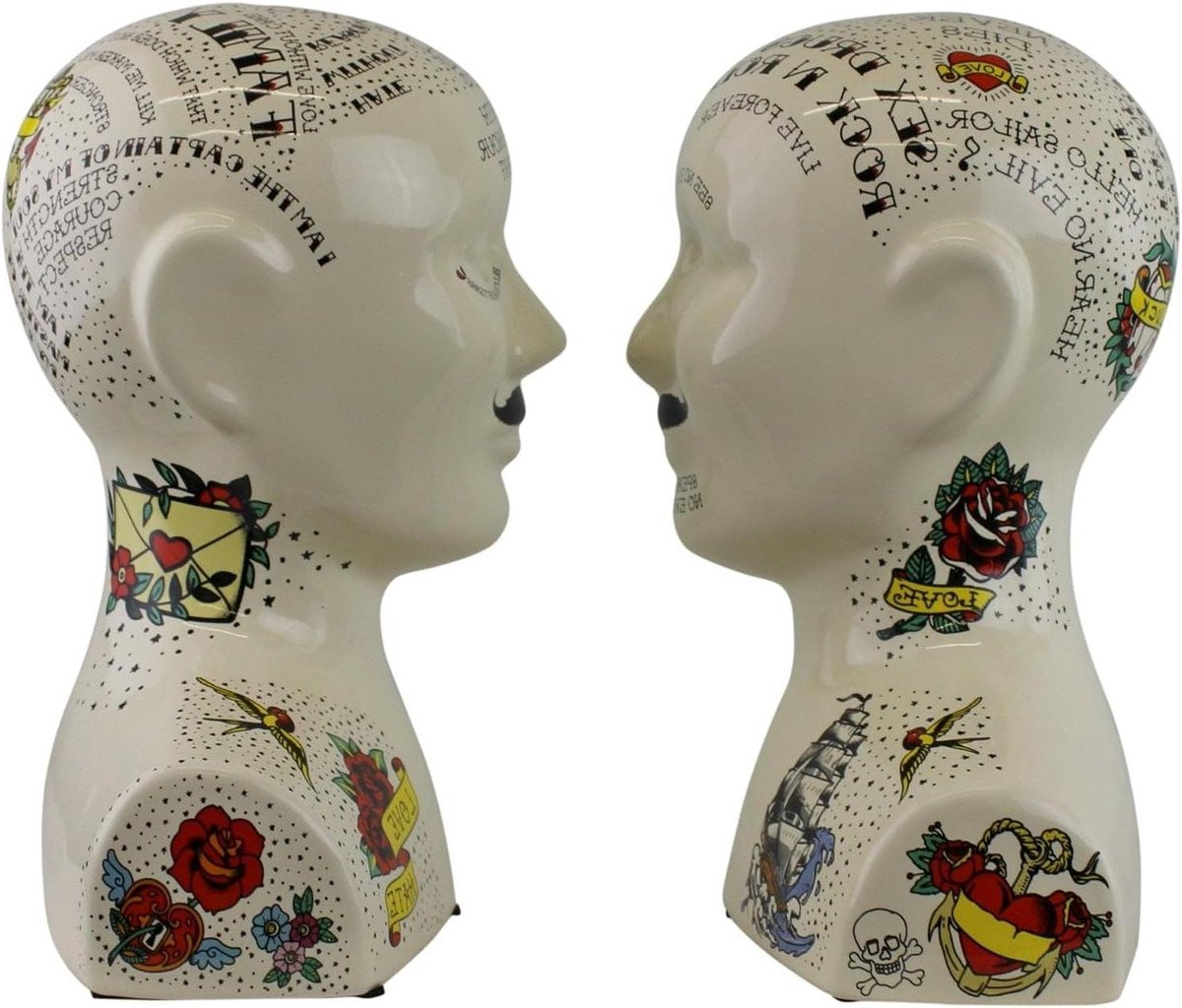 Decoratieve Porseleinen Boekensteunen met Frenologie Hoofd Design - Wit - Hoogte: 24 cm