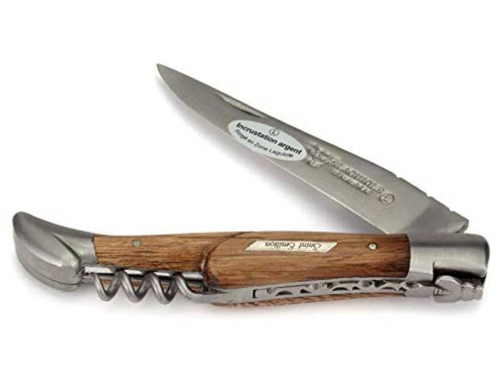 Laguiole en Aubrac Taschenmesser - Sondermodell Grand Cru Saint Emilion - Einlegearbeit echt Silber - 12 cm Griff Weinfass Eiche - Korkenzieher - Klinge 10 cm matt - Backen matt
