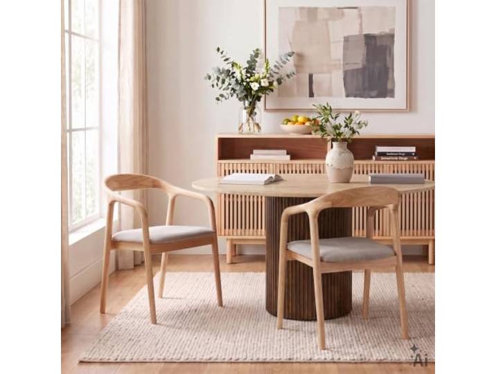 Esszimmerstühle HARPER 2er Set aus Massivholz, mit Polsterung- Natur/Beige massives Gummiholz, pflegeleichter Chenille Stoffbezug, Design Stuhl Skandi Stil, Esszimmer