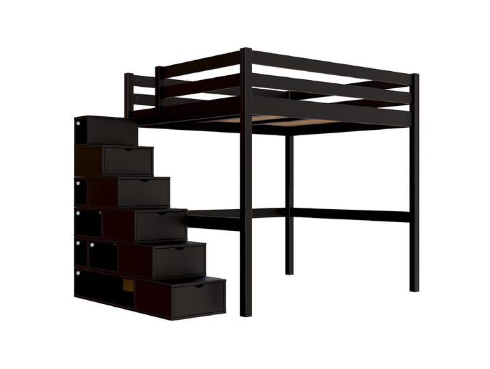 Lit Mezzanine bois 160x200 avec escalier cube Sylvia 160x200 Noir