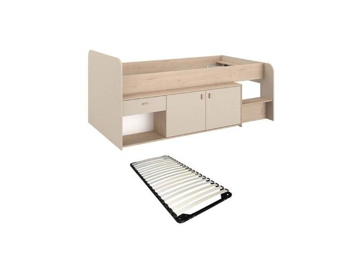 Lit mi-hauteur 90 x 190/200 cm avec rangements – Beige et naturel + Sommier - LUNOBI