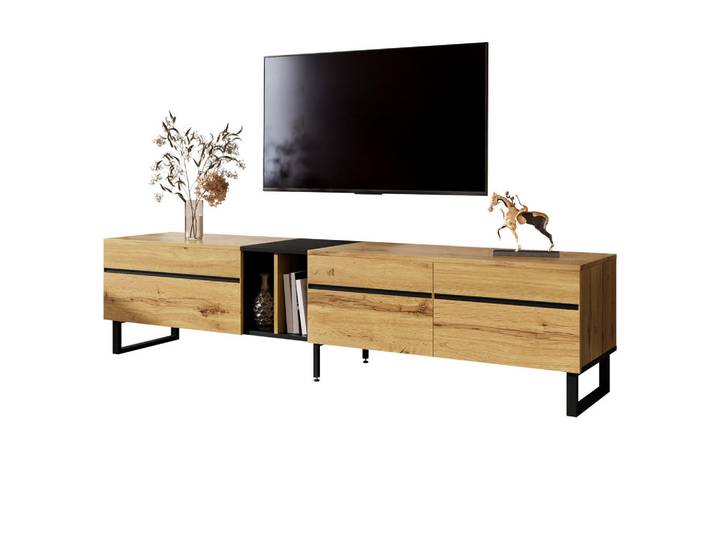 Evryae Lowboard TV-Schrank mit Klappfach offenen Fächern und Doppeltüren minimalistisches Design 180/38/45 cm, Naturfarben, Metall, Rechteckig,Rechteckig, 180x45x38 cm, Wohnzimmer, TV Möbel, Lowboards, Lowboards stehend