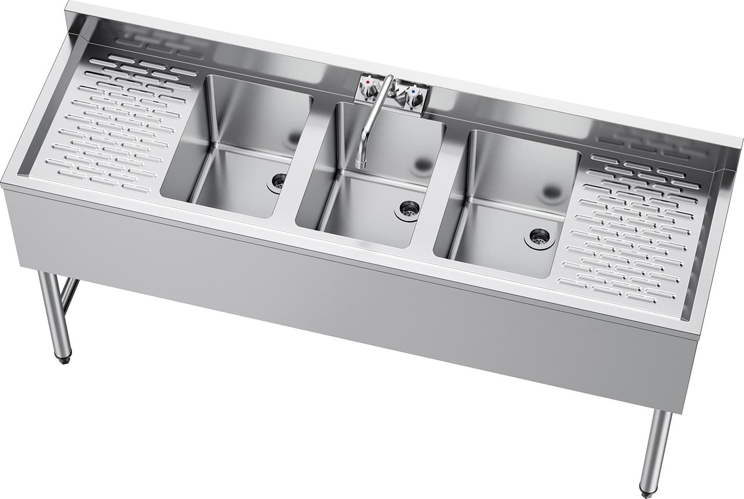 Spülbecken mit 3 Becken & 2 Abtropfflächen & Spritzschutz, Küchenspüle (1524 x 470 x 838 mm)