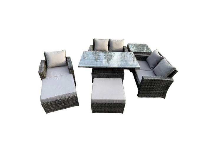 Fimous Gartensofa Hohe Rückenlehne Polyrattan Dunkelgrau 7-Sitzer, Metall, rechteckig, Gartenmöbel, Gartengarnituren, Gartenmöbel-Sets