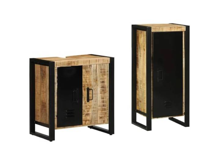 KTHLBRH Badezimmermöbel-Set 2-teilig braun und schwarz aus Massivholz 4 Schubladen, 4 Einlegeböden, 3 Türen, schwarze Griffe, Innengebrauch, Montage erforderlich, massives Mangoholz