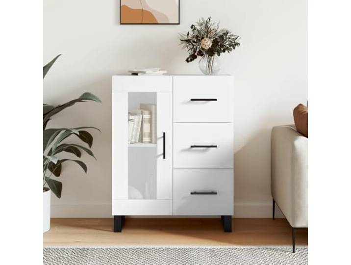 HEFZGDB Weißes Sideboard Hochglanz für Wohnzimmer, Hochglanz Sideboard Weiß mit 3 Schubladen und Glastür, Klassisches Holzwerkstoff mit Aufbewahrungsfächern und mit Stauraum, Schubladen