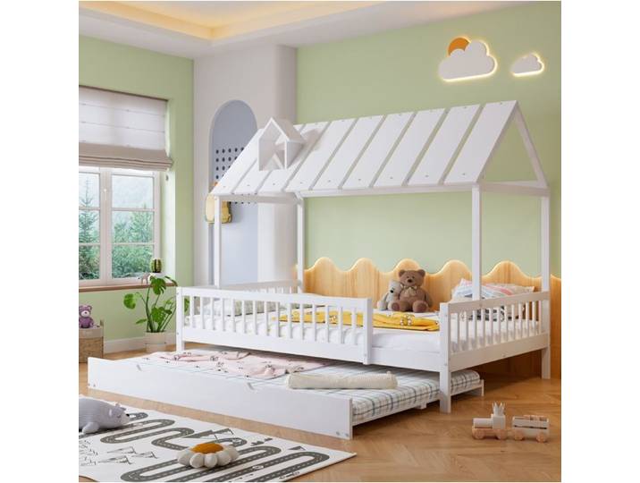 QAVRYL Lit cabane enfant 120 x 200 cm avec lit gigogne 120 x 190 cm pin et MDF blanc