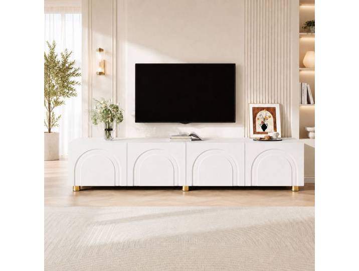 Meuble TV Bas 180x35x40 cm 4 Portes à Relief Arc Pieds en Métal Meuble Télé avec Grand Rangement - Blanc