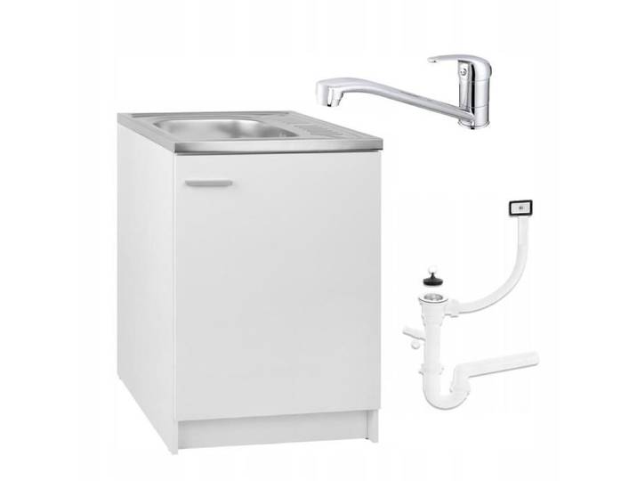 STAMAR Meuble de cuisine blanc 60 cm avec évier robinet chromé orientable et siphon