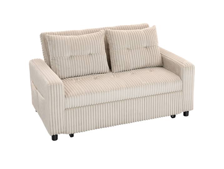 HOMCOM 2-zits slaapbank, cordbekleding, om te vormen tot slaapbed, 2 kussens, zijvakken, 157 x 190 cm, Crèmewit