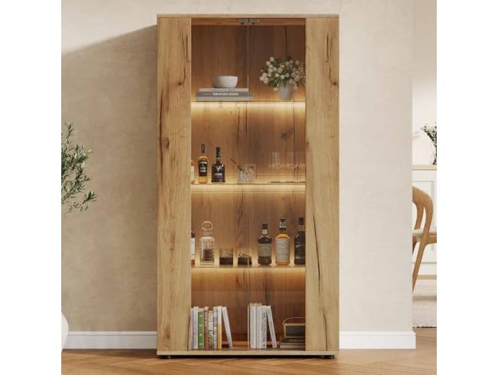 Merax Vitrinenschrank mit 2 Glastüren, 4 Ablageflächen, LED, Natur Moderner Glasschrank mit verstellbarer Beleuchtung, ideal für Wohnzimmer, Esszimmer oder Büro